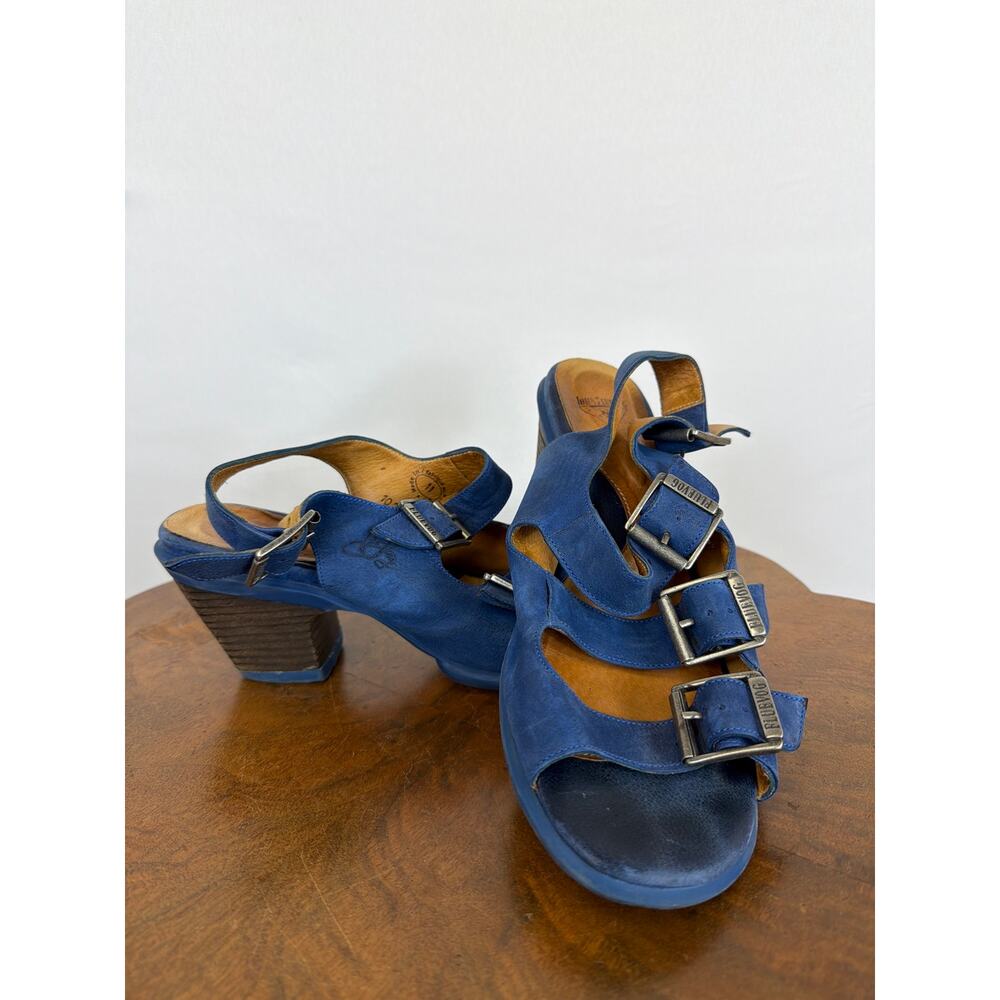 John Fluevog Portugal Blue Leather Three Buckle Ankle Strap Heels Women's SZ 11